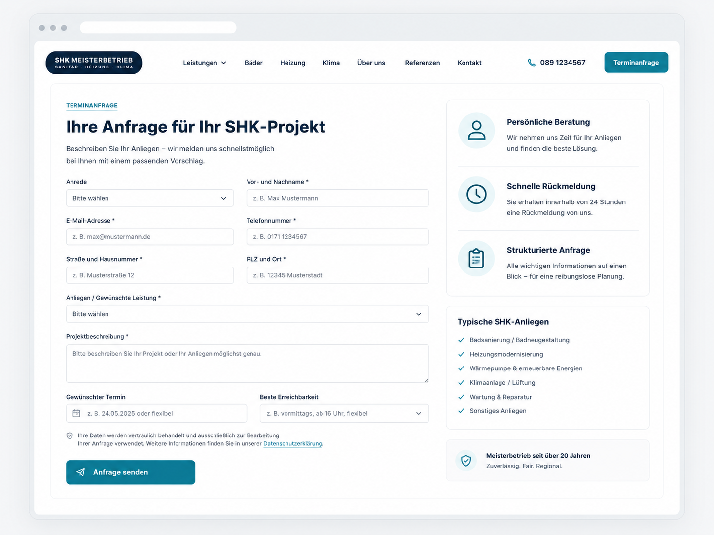 Beispiel einer digitalen Anfrage-Seite für einen SHK-Betrieb