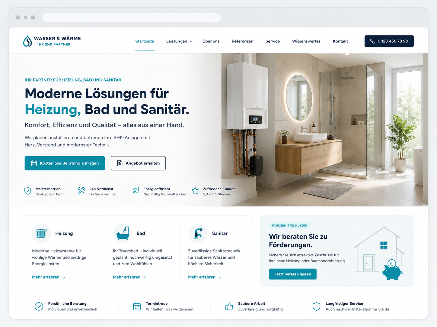 Beispiel einer modernen Startseite für einen SHK-Betrieb