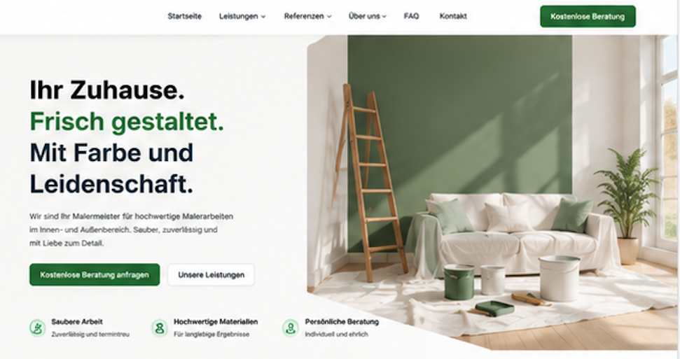 Beispiel einer modernen Startseite für einen Malerbetrieb